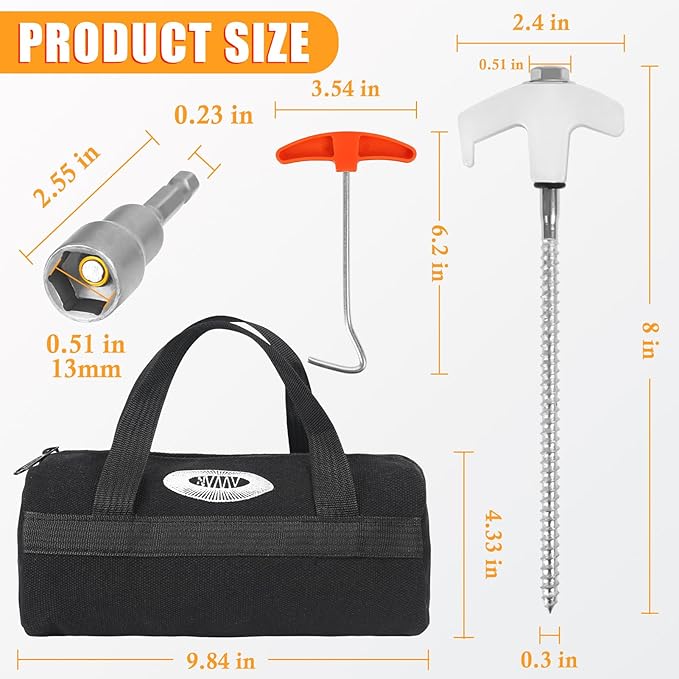 20 Pcs 8" Heavy Duty Screw-in Tent Stakes with Storage Bag, Glow-in-The-Dark Ground Anchor Peg, Metal Threaded Drillable Tent Stake for Camping Swing Canopies, with 1 Hex Nut Driver, Peg Puller