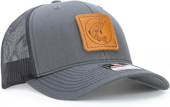 Leather Patch Hat for Men - Richardson 112 Trucker Hat w/Full-Grain Leather Patch, Laser-Engraved, Machine-Stitched