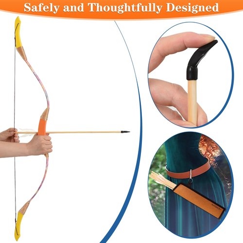 Youth Wooden Bow and Arrow Set, 40 Inch Archery Set Microfiber Leather-Wrapped, Handmade Toys Bow and Arrow Cosplay Costume Prop Games, 5 Feather Arrows (Rubber Tip), Gifts for Kids Boys Girls