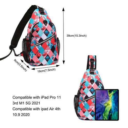 MOSISO Crossbody Sling Backpack, Portable Travel Hiking Daypack Chest Sling Bag Casual Daypack One Strap Chest Backpack for Women Men Outdoor Hiking Travel, Flamingo&Rhombic Grid