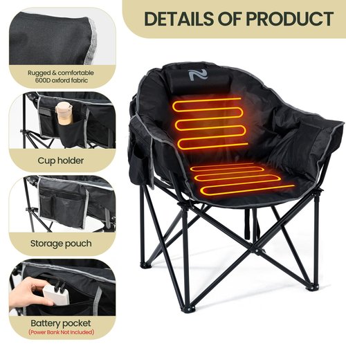 LILYPELLE Oversized Heated Camping Chair, Patio Lounge Chairs with 3 Heat Levels, Portable Folding Heated Chair Round Moon Saucer Folding Lawn Chair Outdoor Chair for Camping, Lounge Patio