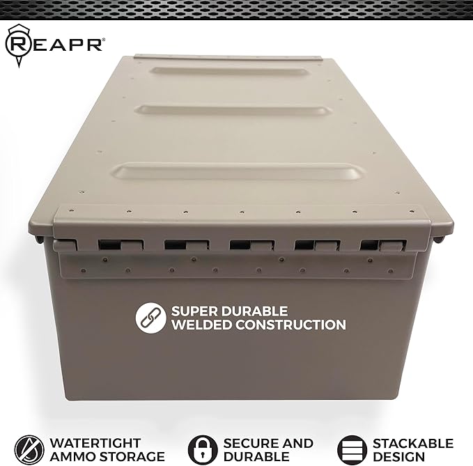 Reapr Steel Ammo Can, Heavy Duty Locking Metal Ammo Storage Box, Airtight and Watertight 30 Cal or 50 Cal Case for Rifle, Shotgun, Pistol, Military Footlocker Style Tool and Gear Organizer