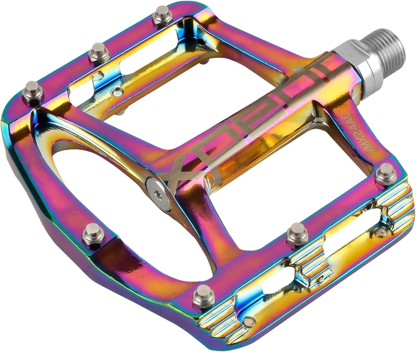 Xpedo Spry Flat Bicycling Pedals | Aluminum Body, 11mm Low-Profile, 106x100mm Platform, 28 Replaceable Pins | MTB Trail/Enduro | Oil Slick