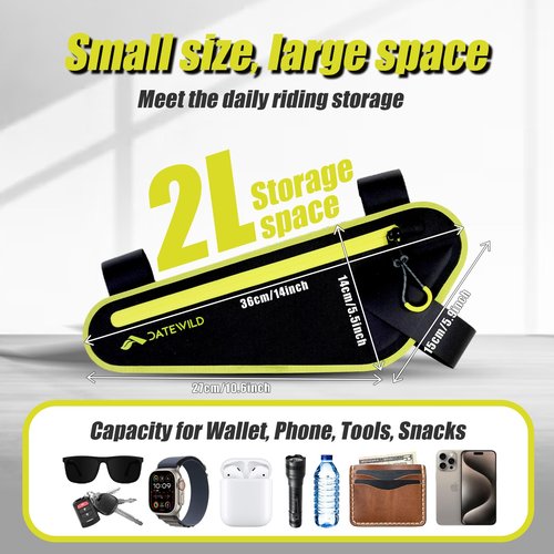 Date Wild Bike Frame Bag female, Water-Resistant Bike Triangle Pouch, Extended Straps to fit Bike Models, Large Capacity For Road Bicycle, Green(2L)