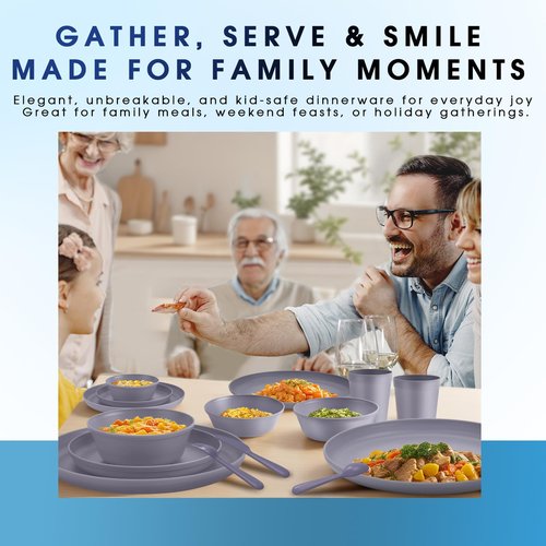 Plastic Dinnerware Sets – 40-Piece Gray Plates and Bowls Sets, Unbreakable, Reusable Dishes Set for 8 with Cups, Knives, Forks and Spoons, for Camping and Outdoor Use