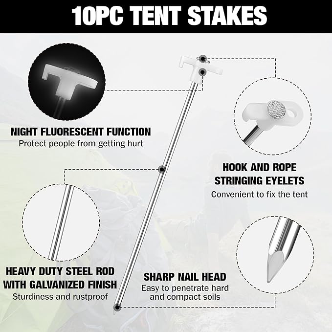 WORKPRO Tent Stakes and Hammer Set, 16oz Rubber Mallet Hammer, Wooden Handle, 10PC Heavy Duty Metal Tent Stakes and Storage Bag, DIY Woodworking, Camping Accessories for Ground, Camp and Graden