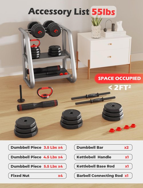 UKEEP Adjustable Dumbbell Set, 55/70/90lbs Free Weight Set with Connector, 3 in1 Dumbbells Set Used as Dumbbell/Barbell/Kettlebell, Fitness Exercises for Home Gym Suitable Men/Women
