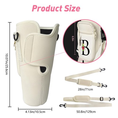 Water Bottle Holder with Strap for Stanley 40/30 oz Tumbler - Water Bottle Carrier Bag with Straw Cover and Decorative Chains, Personalized Gifts with Floral for Women/Girls/Stanley Cup Fans (B)