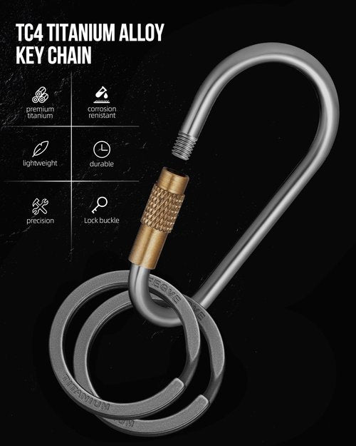Locking Carabiner Keychain, FEGVE Small Titanium Carabiner Clip with 2pcs/1 inch/25mm Titanium Key Ring, Lightweight and Durable-1pcs