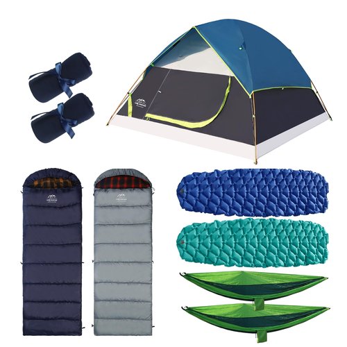 LANMOUNTAIN 9 Pcs Camping Set: Green Tent, 2 Sleeping Bags, 2 Sleeping Pads/Mats, 2 Single Hammocks With Tree Straps, 2 Lightweight Bed Blankets for Family Outdoor Activities