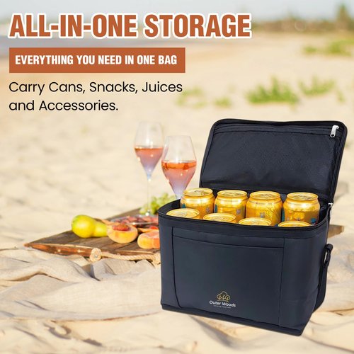 Outer Woods Insulated 8 Can Cooler Bag | Fits 8 x 500ml Beer Cans | Keep Drinks Cool for up to 10 Hours | Ideal for Carrying Beer, Soda, Juice, Milk and Water (Black)