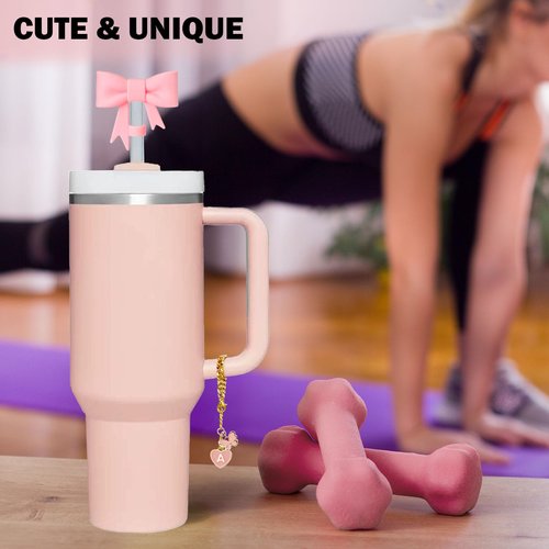 LUHOHI Pink Bow for Stanley Straw Topper- 3pcs Cute Cup Bow Straw Cover Silicone Cap 10mm with 2pcs Initial Letter Charms Name Id Personalized Accessories 40/30 Oz Tumbler Water Bottle Cups A