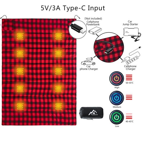 Mantuole Heated Sleeping Bag pad, Heated Sleeping Bag Liner, Type-C Input, 5+5 Heating Zones, Operated by Power Bank (Battery NOT Included) or Other USB Power Supply. Type-C.