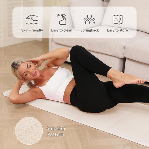PAIDU Foldable Yoga Mat - 10mm Extra Thick, 75"26" Non-Slip Exercise Fitness Mat | SGS Eco-Certified, Portable for Yoga/Pilates/Studio/Home Workout （Beige）