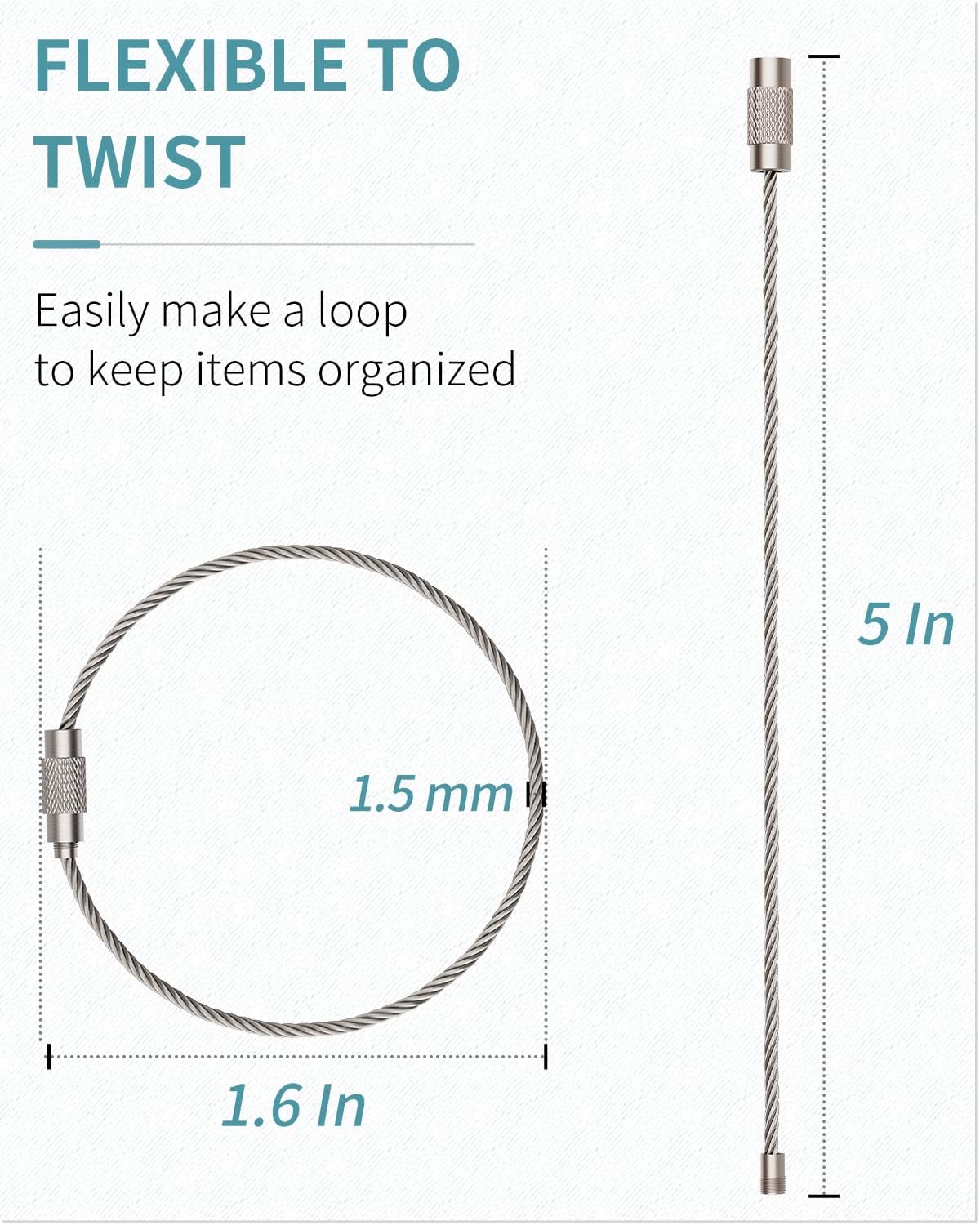 Pawfly 5 Inch/10 Inch Wire Keychain Cable Large Stainless Steel Key Ring Loop Holder, 20/50/100 Pack