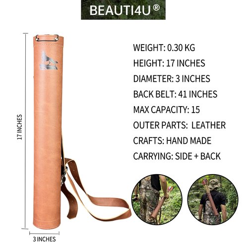 BEAUTI4U Leather Arrow Quivers - Quiver Arrow Holder - Traditional Bow Quiver - Leather Back Quiver with Reinforced Bottom Structure, Suitable for Beginners and Children (Natural Leather)