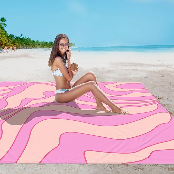 Beach Blanket Sandproof Waterproof, 78''×86'' Large Pink Picnic Blanket with 4 Stakes for 2-4 Adults, Lightweight Foldable Compact Sand Free Outdoor Mat with Portable Bag for Camping, Hiking, Travel