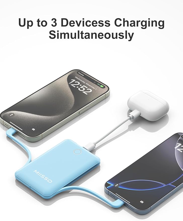 10000mAh Slim Portable Charger with Built in Cable, Power Bank Travel Charger External Battery Pack for Phone, 3 Output USB Type C Cord Clutch Charger Compatible with iPhone, Blue