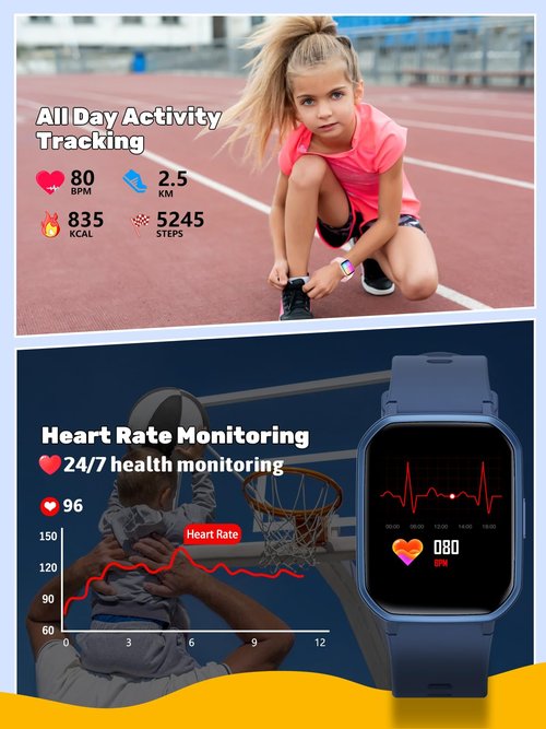 teslahero Kids Smart Watch for Boys Girls,Children Fitness Tracker with Heart Rate Sleep Monitor,Waterproof Activity Tracker Pedometer Step Counter for Fitbit Android iPhone (Black)