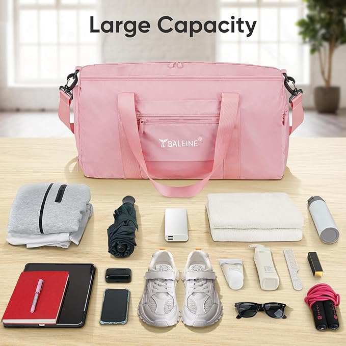 BALEINE Gym Bag for Women and Men, Small Duffel Bag for Sports, Gyms and Weekend Getaway, Waterproof Dufflebag with Shoe and Wet Clothes Compartments, Lightweight Carryon Gymbag (Pink)
