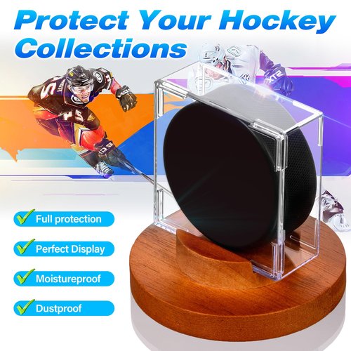 ULTRGEE Hockey Puck Display Case - Acrylic Box, Hockey Puck Holder with Wooden Base, Hockey Pucks Storage Stand for Collection Memorabilia (1 Pack, Square)