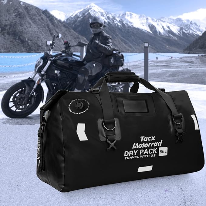 Waterproof Duffel Bag for Men/Women, Roll-top Dry Backpack Duffel Bag with Quick-fixed Straps, Motorcycle Tail Saddle Bag for Motorcycling, Rafting, Boating, Kayaking, Travel, 66L-Black