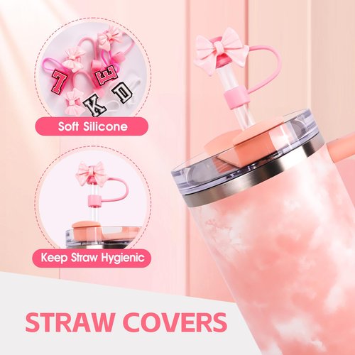 WINOWIMO 2PCS Bow Letter Charms, 3PCS Initial Pink Bow & Letter Straw Cover Caps for Stanley Cup 30 & 40Oz, Charms Decorations for Tumbler Handle, Straw Toppers for Stanley Cup Accessories Set (E)