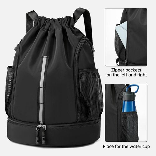 XMYAOWEI Sport Gym Bag Drawstring Backpack Beach Bag for Men Women with Shoe Compartment and Reflective Strips (Black)