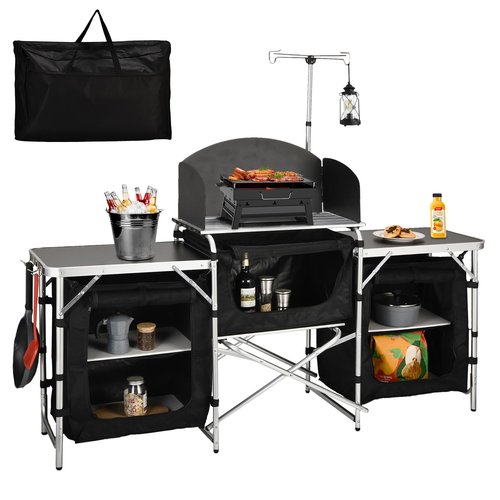 JOUYEK Cmaping KitchenTable, Aluminum Folding Camping Cook Station with Windshield, Upgrade Light Stand, Storage Bag, Quick Installation for Outdoor, Picnic, Cooking