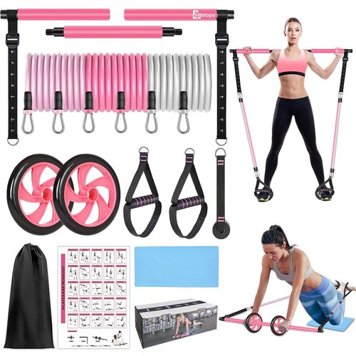 BBTOPS Pilates Bar Kit with Resistance Bands, Pilates Equipment Exercise Bar with Ab Roller for Abs Workout, Portable Home Gym Yoga Fitness Bar for Women & Men (Pink)