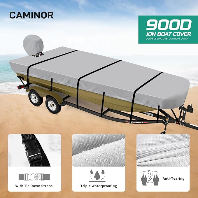Jon Boat Cover 14 ft, 900D Heavy Duty Trailerable Waterproof Jon Boat Cover 14 Foot with Motor Cover, Marine Grade Canvas,Gray