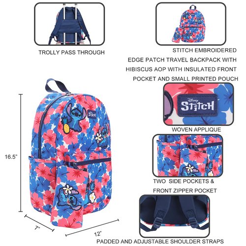 Bioworld Stitch Hibiscus AOP 16" Travel Backpack