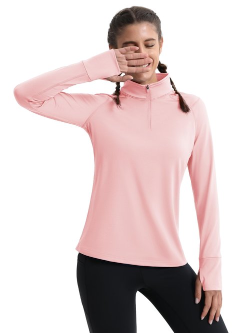 MAGCOMSEN 1/4 Zip Pullover for Women Warm Fleece Lined Shirt Long Sleeve Workout Running Top with Collar LightPink, M