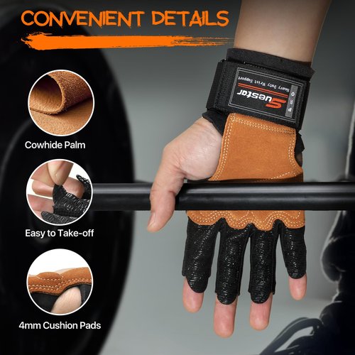 SueStar Workout Gloves, Heavy Duty Cowhide Padded Weight Lifting Gloves with Wrist Support, Full Palm Protection & Silicone Grips Gym Gloves for Weightlifting, Deadlifts, Exercise (Medium), Black