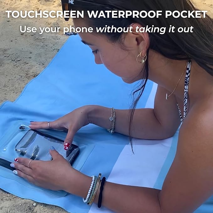 Go Anywhere Towel with Waterproof Phone Pouch - Quick Dry, Sand Free, Compact Beach Towel for Pool, Boat, Travel, Camping, Hiking & Outdoor Adventures (Blue)
