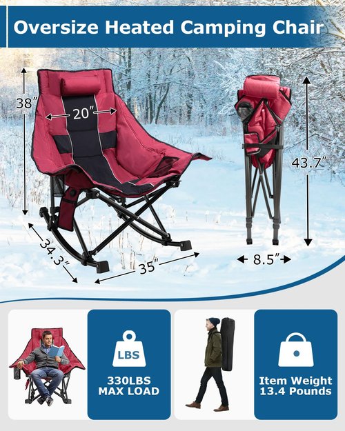 ZENPETIO Heated Camping Chair, Oversized Outdoor Rocking Chair with 3 Heat Levels, Portable Folding Heated Chair for Camp, Lawn, Sports, Winter Use (Battery NOT Included)
