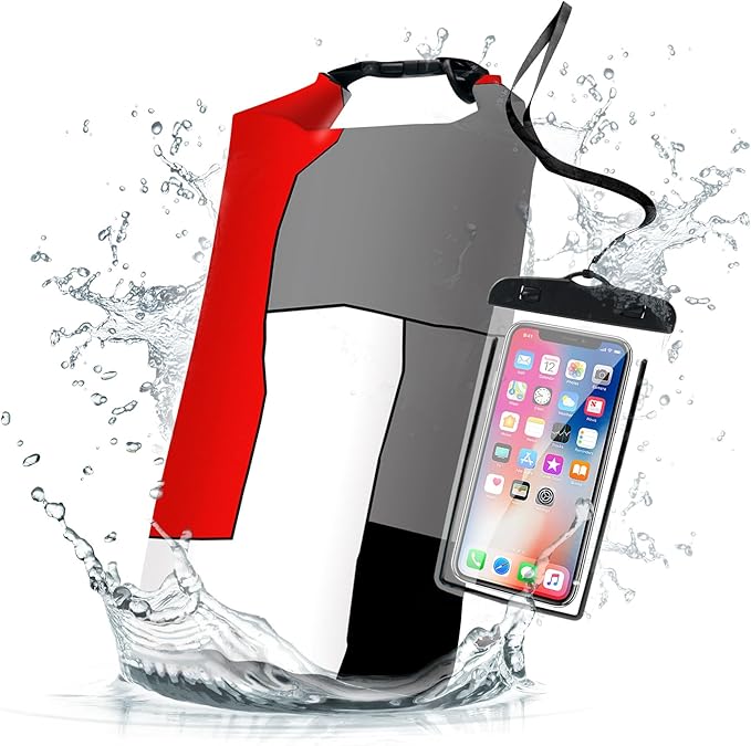 Waterproof Dry Bag,Roll Top Red and Black Geometric Small Waterproof Backpack 5L/10L/20L Floating and Lightweight Bags for Kayaking, Boating, Fishing, Swimming and Camping with Waterproof Phone Case