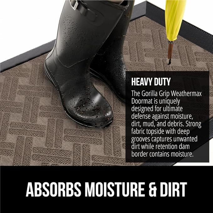 GORILLA GRIP 100% Waterproof All-Season WeatherMax Doormat, 47x35, Durable Natural Rubber, Stain and Fade Resistant, Low Profile, Indoor Outdoor Door Mats, Easy Clean Entry Mat, Taupe Basket Weave