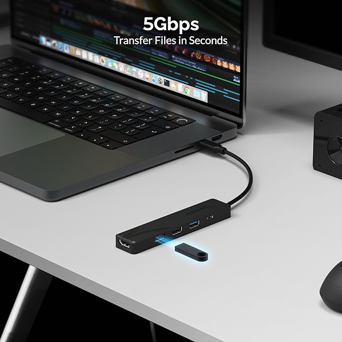 SABRENT USB-C Hub 5-in-1 with 4K HDMI, 100W PD Charging (Input Only), 1x USB 3.0, 2X USB 2.0 – No Data on USB-C Port – Compatible with MacBook, Windows, Linux (HB-TC5P)