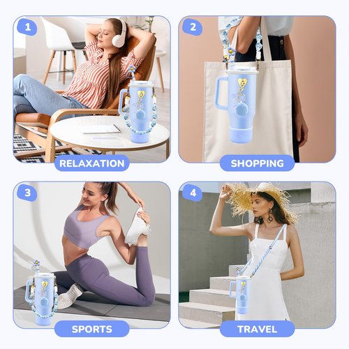 Stanley Cup Accessories Set Including Adjustable Water Bottle Shoulder & Handle Strap, Glitter Silicone Protective Boot, Silicone Straw Topper Cover, Cute Charms for Stanley 30oz 40oz Tumbler (Blue)