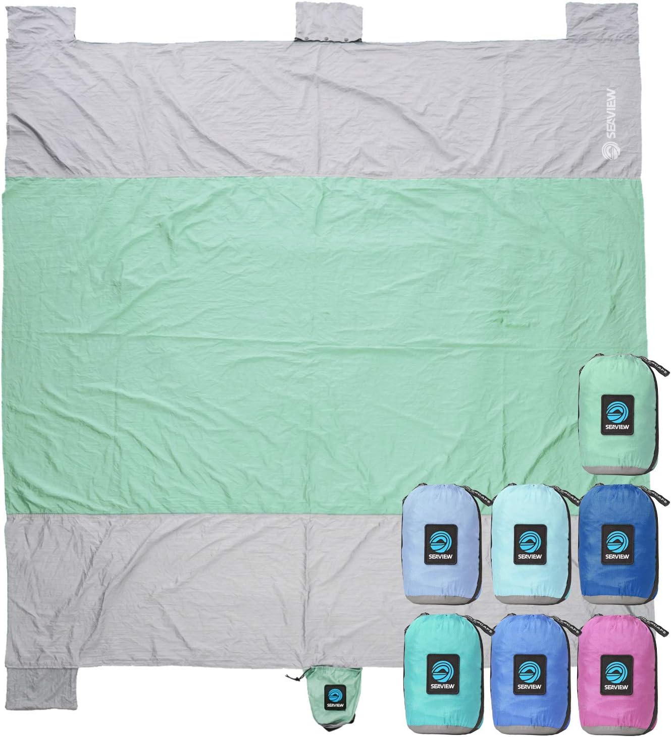 Seaview 180° Beach Blanket Waterproof Sandproof, Extra Large 6"x7" Sand Free Beach Mat for 1-6 Adults, Oversized Outdoor Blanket with 4 Sand Pockets, Portable Lightweight Packable - Picnic Mat