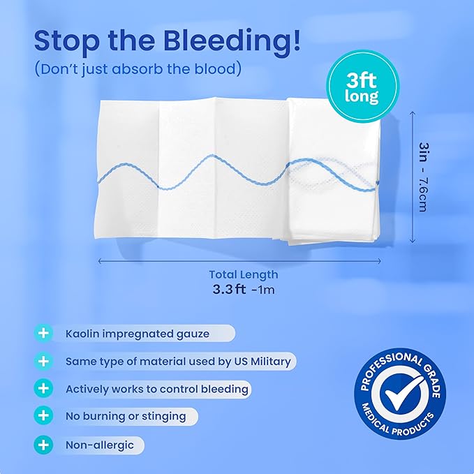 Advanced Kaolin Hemostatic Bandage – Sterile Z-Fold Clotting Gauze (3 in. x 3.3 ft) | Stops Bleeding Fast for Emergency, Trauma, First Aid, and Survival Kits (1-Pack)
