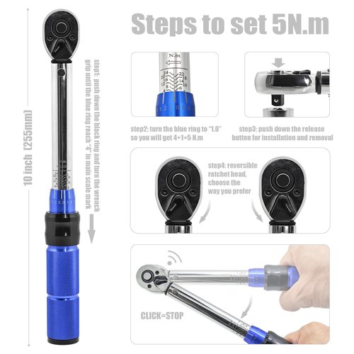 Fisope 1/4-Inch Drive Click Torque Wrench, 22pcs Bike Torque Wrench Set 2-24Nm, Dual-Direction Adjustable 72 Tooth Click Torque Wrench Set for Bicycle Maintenance