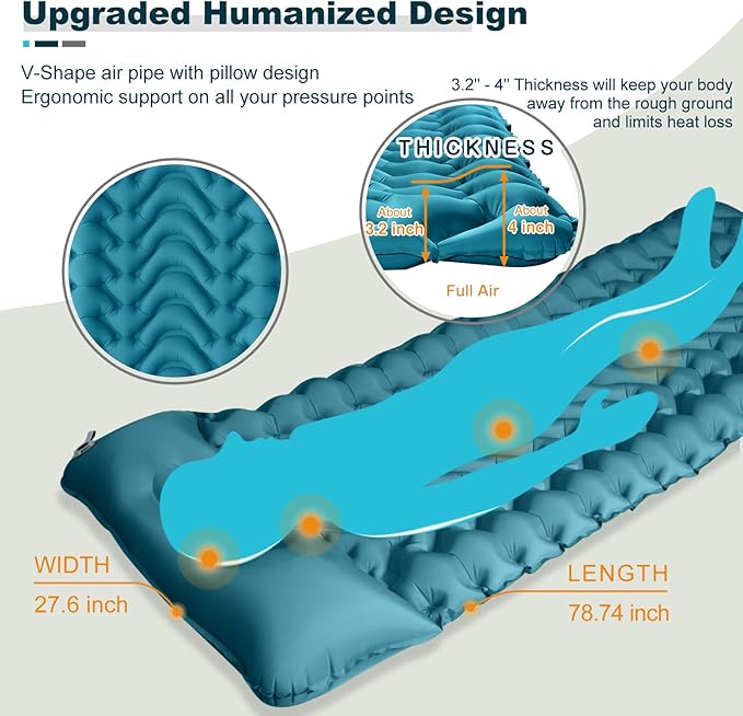 MEETPEAK Camping Sleeping Mat, Inflatable Sleeping Pad Foot Press Lightweight Camping Pad for Backpacking Hiking Traveling, Durable Waterproof Air Mattress Compact Camp Pad Thickness 4 Inch