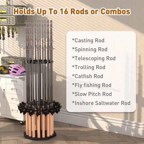XIGOO Fishing Rod Holder Wood, Holds Up to 16 Rods or Combos, 360° Spinning Fishing Pole Holder for Garage, Fishing Gear Storage Organization, Fishing Accessories, Ideal Fishing Buddy Gift