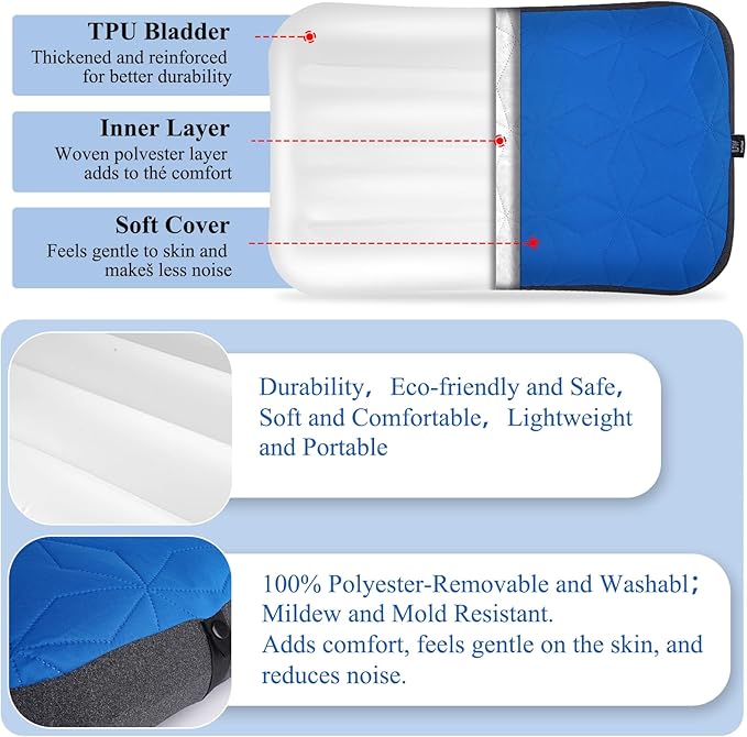Camping Pillow with Removable Cover Large Size 24" x 15" - Ultralight Inflatable Pillow for Camping Lightweight, Ergonomic and Washable for Camping, Hiking, and Travel Blue