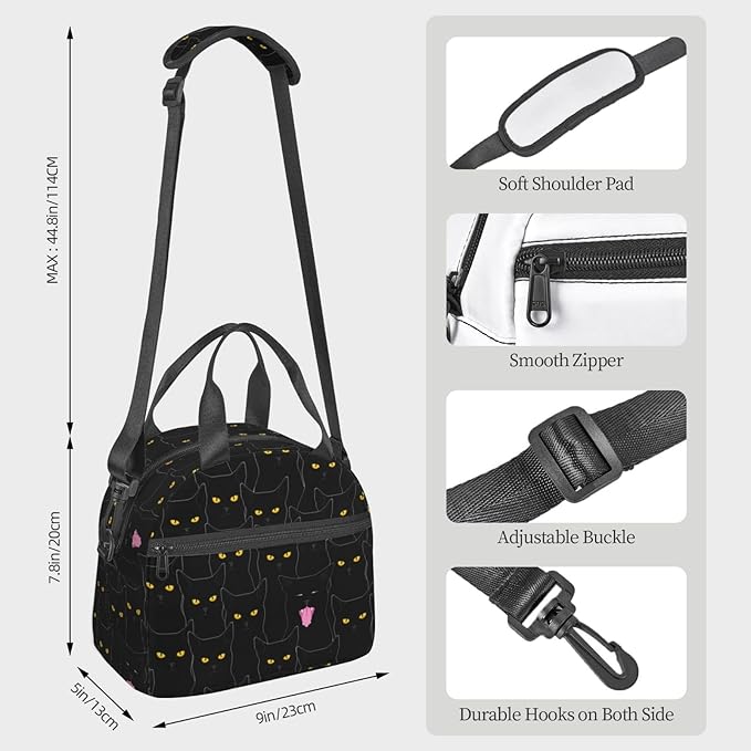 bassyil Black Cat Lunch Box Reusable Insulated Totes Lunch Bag Thermal Cooler Adjustable Shoulder Strap Bag For Men Women