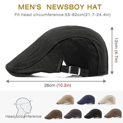 Taidor Newsboy Hats for Men Flat Cap Cotton Adjustable Breathable Irish Cabbie Ivy Driving Hunting Hat Black