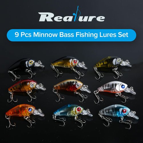 Realure 9 Pcs Minnow Bass Fishing Lures Set with Swivels, Wobbler Crankbaits with Treble Hooks, Sea Fishing Lures for Bass, Pike, Trout, Perch Lures, Hard (Mixed Colors)