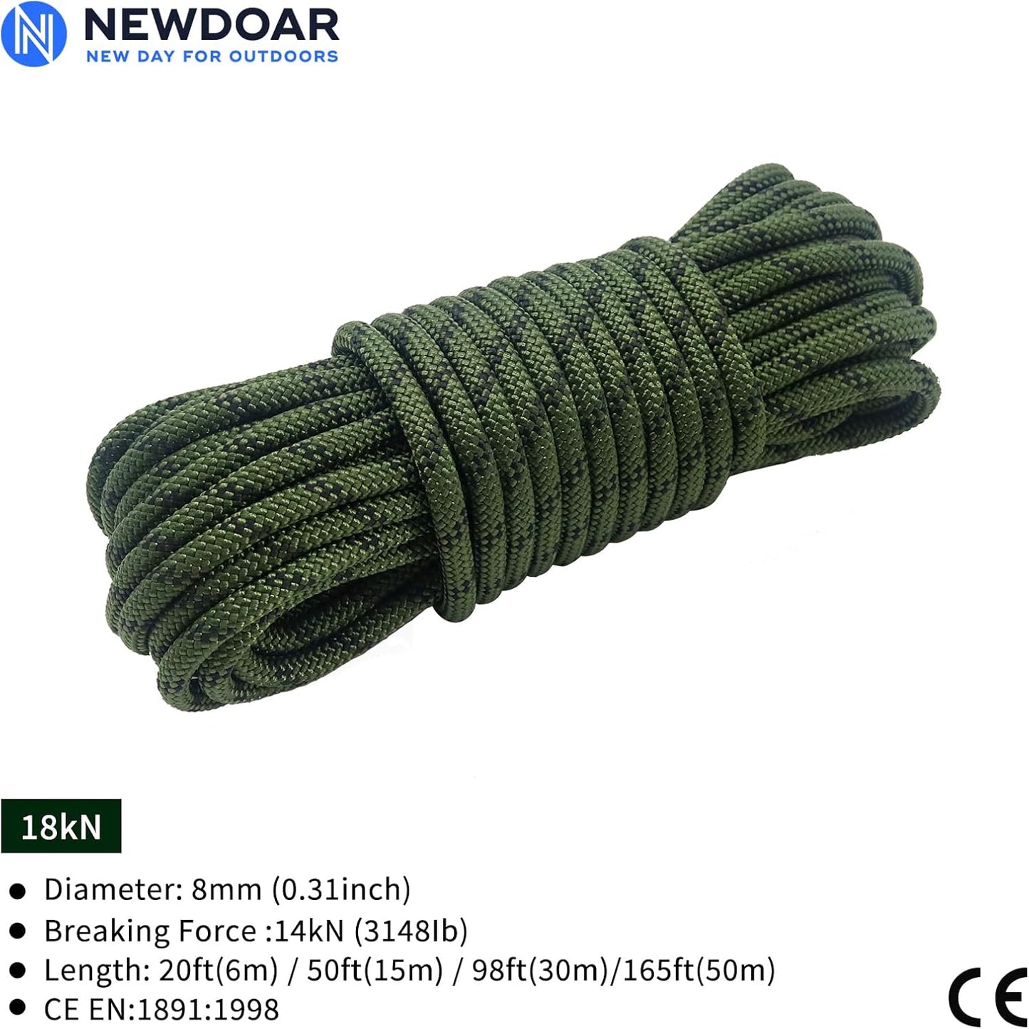 NewDoar 8mm Climbing Accessory Cord High Strength Rope Equipment for Mountain Climb, Fire Rescue Escape, Outdoor Survival, Camping (Polyester 20ft)